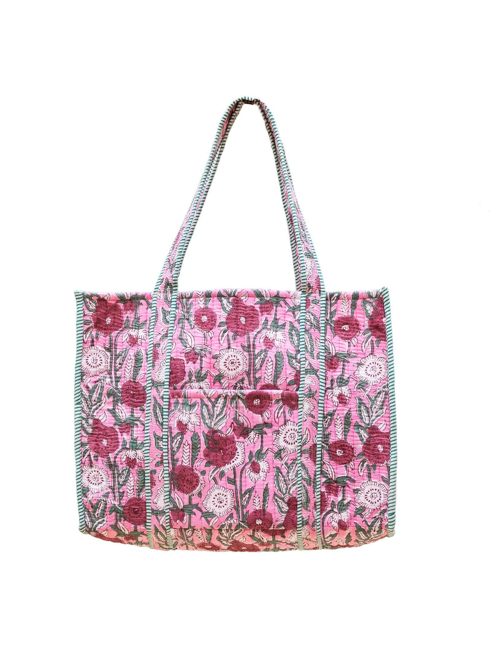 Fuchsia Bouquet Quilted Block-Printed Tote